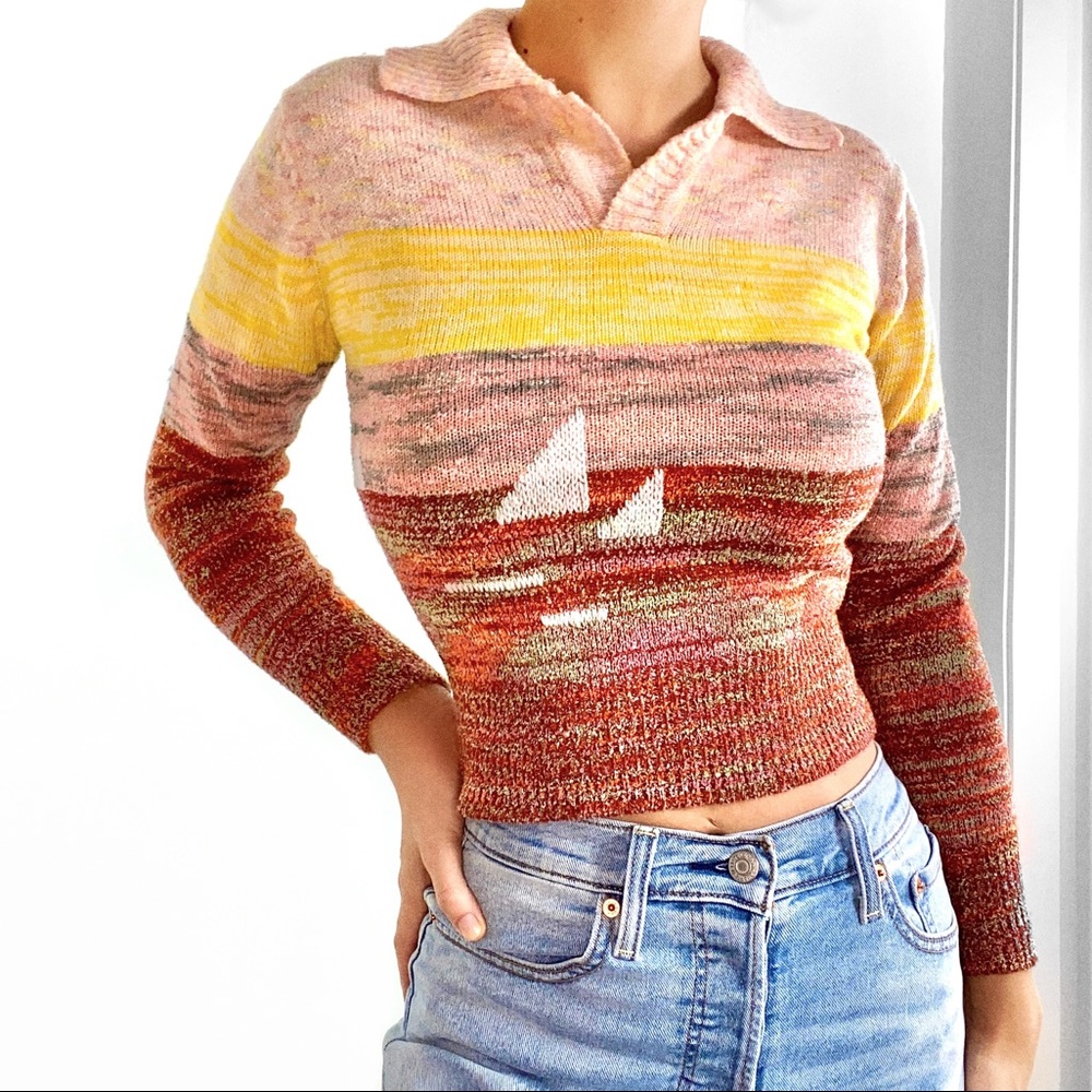 Vintage 60’s Polo Colorblock Cotton Candy Confetti Marled Knit Cropped Sweater